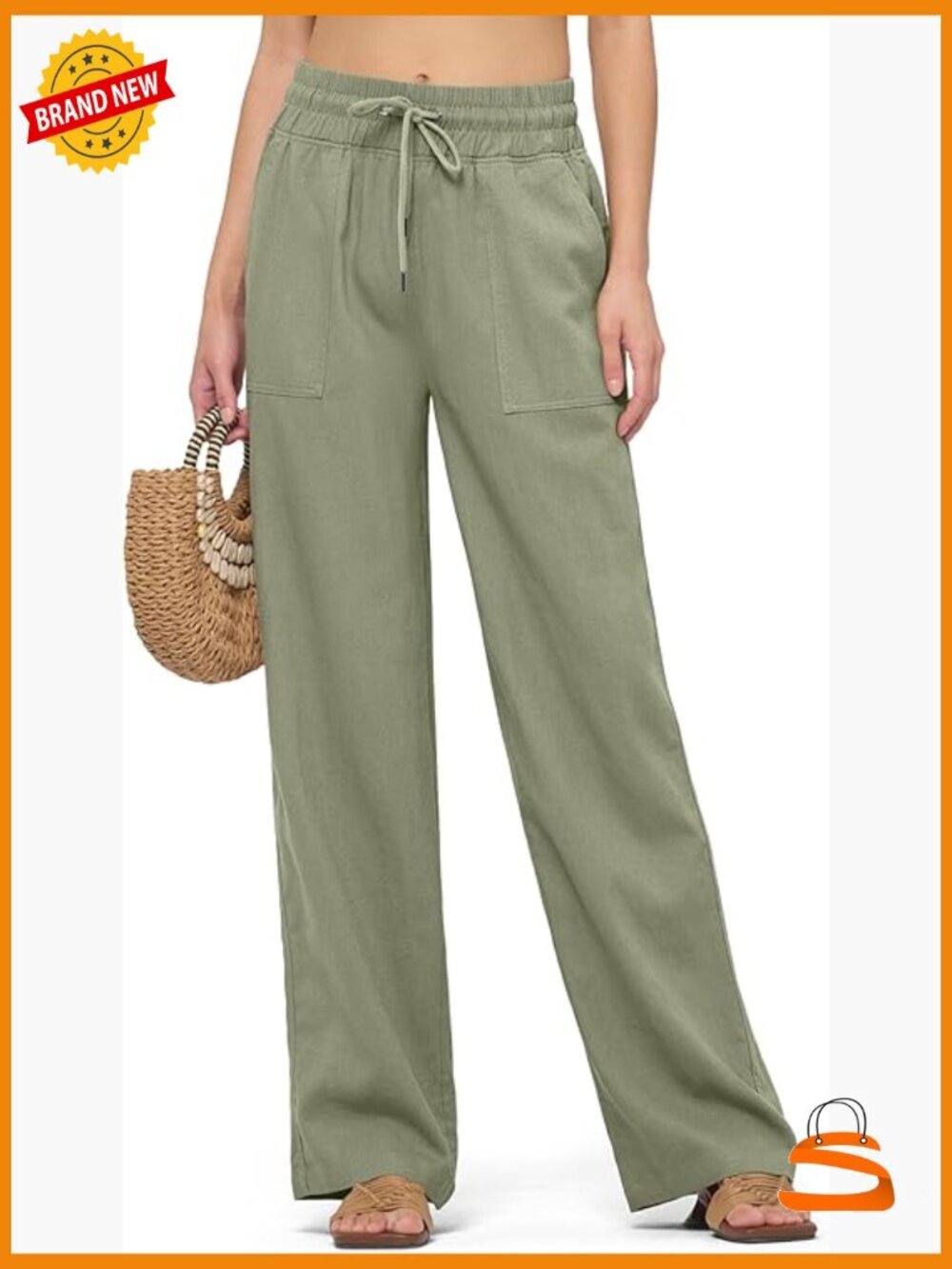 Womens Linen Blend Wide Leg Palazzo Pants Elastic Waist with Pockets